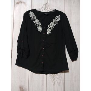 French Laundry Shirt Ladies Large Black Embroidered‎ V-Neck 3/4 Sleeve
